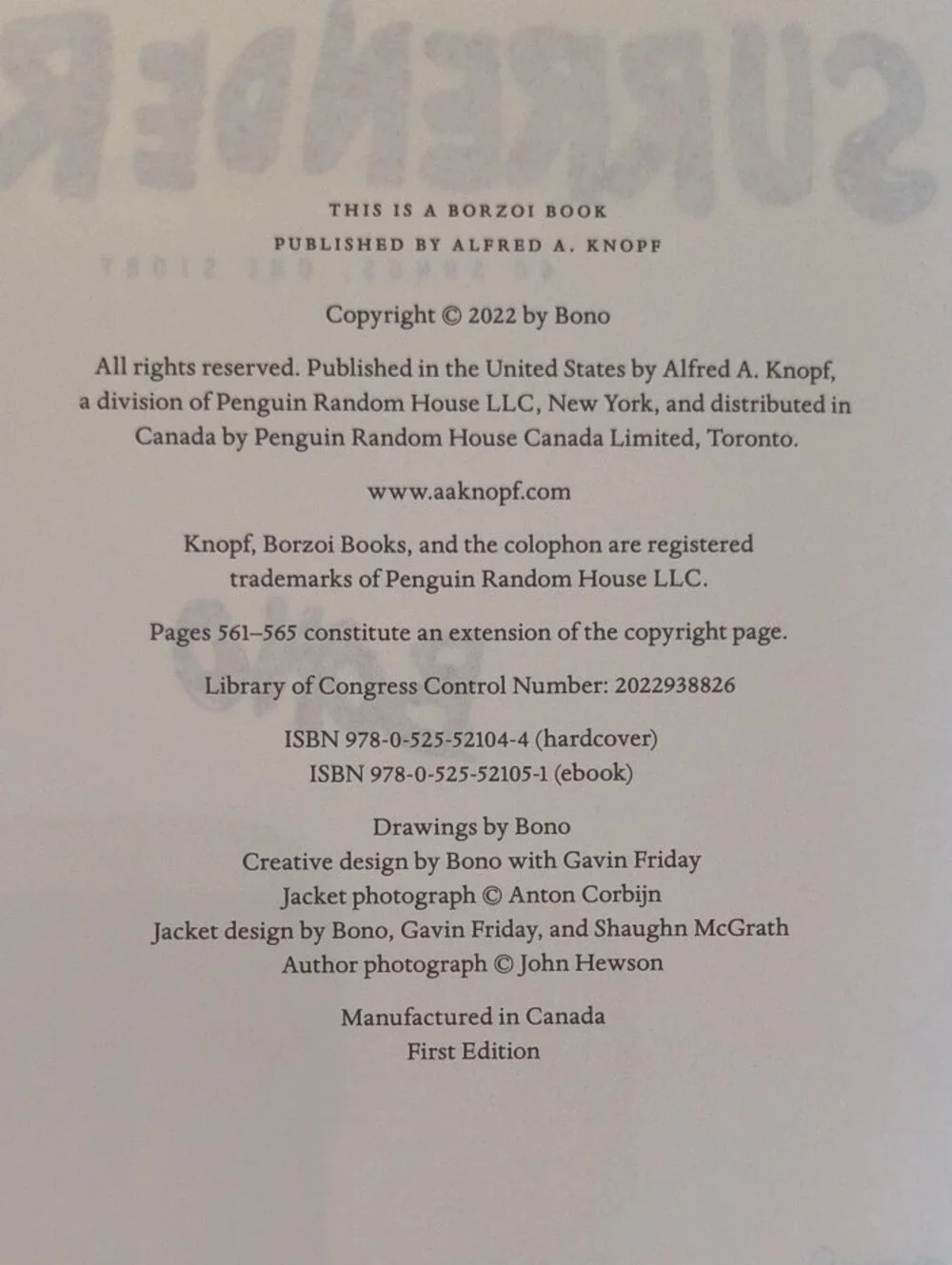 Surrender 40 Songs One Story by Bono Hardcover EUC